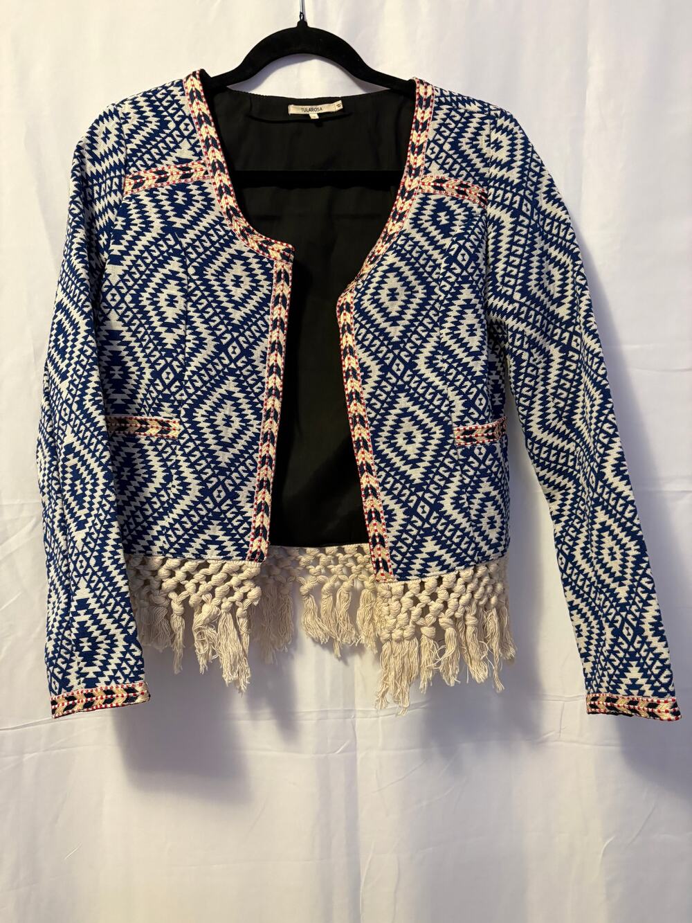 Tularosa Santa Fe Jacket Blue Geometric Fringe Hem Sz S